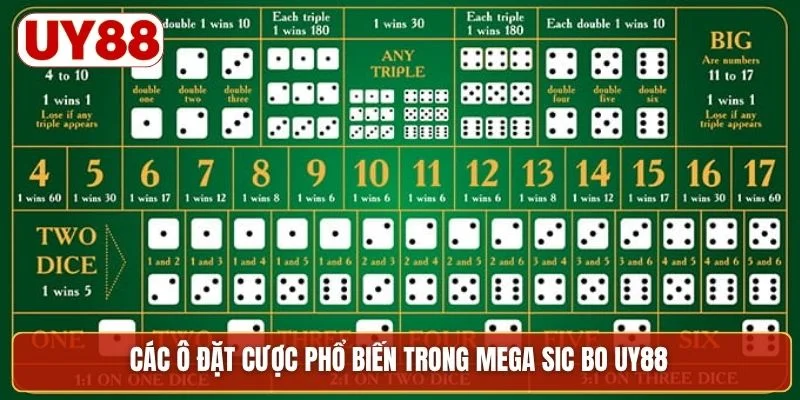 Các ô đặt cược phổ biến trong Mega Sic Bo UY88